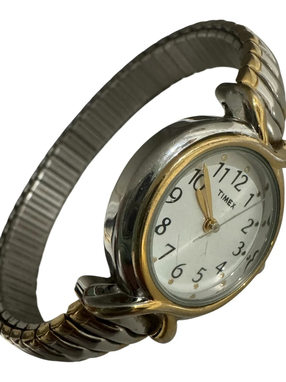 ✨VTG Timex Women’s Silver & Gold Two Tone Minimalist Stretchy Bracelet Watch
